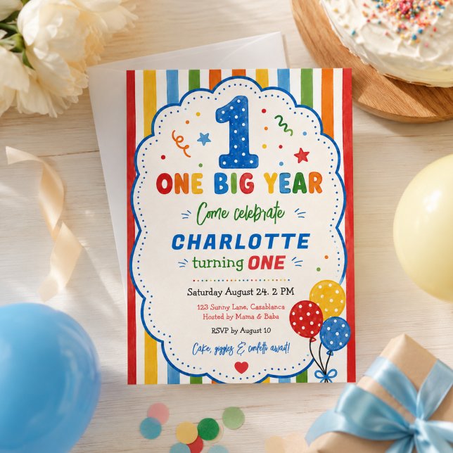 Convite Festa de 1º Aniversário Bold Rainbow One Big Year (Bold Rainbow One Big Year 1st Birthday party Invitation
)