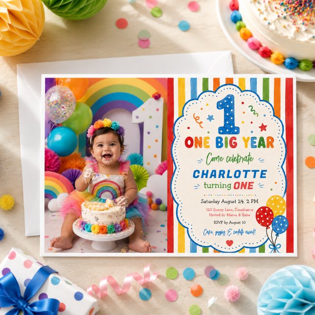 Convite Festa de 1º Aniversário Bold Rainbow One Big Year (Bold Rainbow One Big Year 1st Birthday party Invitation
)