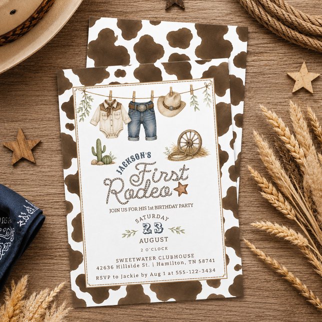 Convite Festa de 1º Aniversário Cute Clothesline First Rod (Cute Clothesline First Rodeo 1st Birthday Party Invitation)