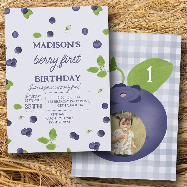 Convite Festa de 1º Aniversário da Berry First com Foto de (Berry First 1st One Birthday Blueberry Photo Invitation)