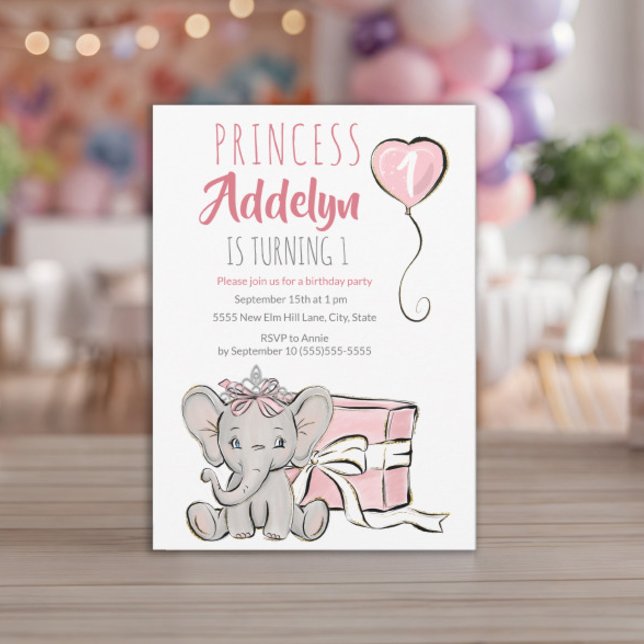 Convite Festa de 1º Aniversário da Criança Elefante Prince (Baby elephant little girl's 1st birthday invitation)