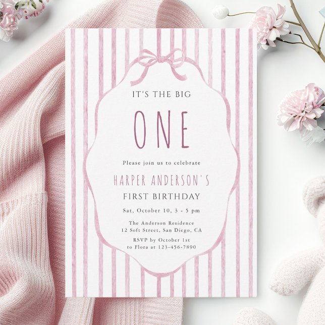 Convite Festa de 1º Aniversário da Menina com Laço Rosa e  (Criador carregado)