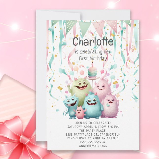 Convite Festa de 1º Aniversário da Menina Monstrinhos Fofo (Cute pastel "Little Monsters" 1st birthday party invitation for a little girl's celebration)