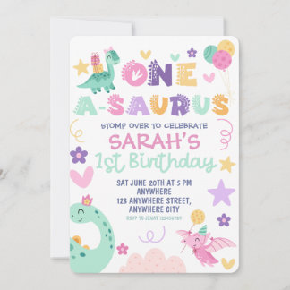Convite Festa de 1º Aniversário da Menina Um A-Saurus Dino