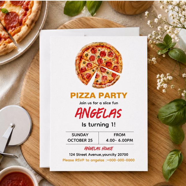 Convite Festa de 1º Aniversário da Modern Slice Slice Baby (Modern Slice Slice Baby Pizza 1st Birthday Invitation)