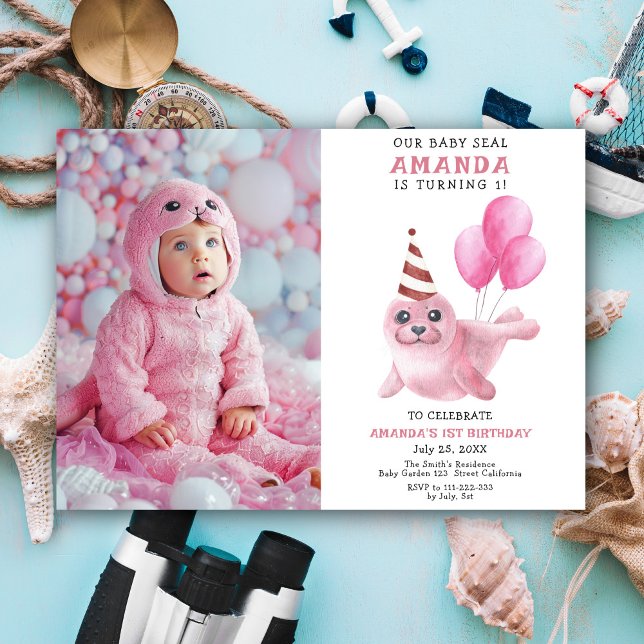 Convite Festa de 1º Aniversário da Nossa Bebê Foca Rosa Me (Criador carregado)