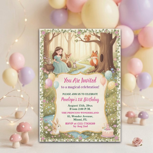 Convite Festa de 1º Aniversário da Princesa com Animais da (Criador carregado)