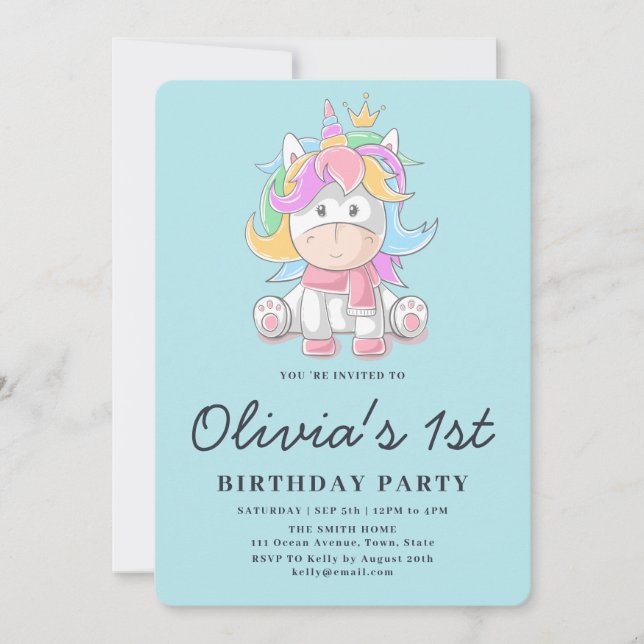 Convite Festa de 1º Aniversário da Princesa Unicórnio Fofa (Frente)