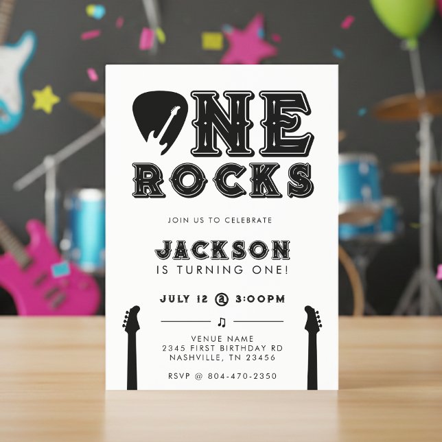 Convite Festa de 1º Aniversário da Púa de Guitarra One Roc (One Rocks Guitar Pick 1st Birthday Party Invitation
)