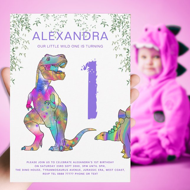 Convite Festa de 1º aniversário das meninas T. rex roxo (Wild one dinosaur girls 1st birthday. Colorful T-rex and Stegosaurus pink purple green dino fun)