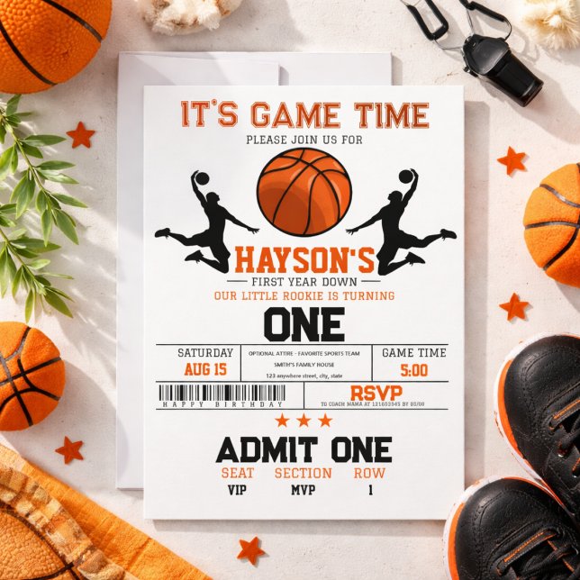 Convite Festa de 1º Aniversário de Basquete First Year Dow (First Year Down Basketball 1st Birthday Party Invitation)