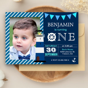 Convite Festa de 1º Aniversário de Bebê Menino Azul Marinh
