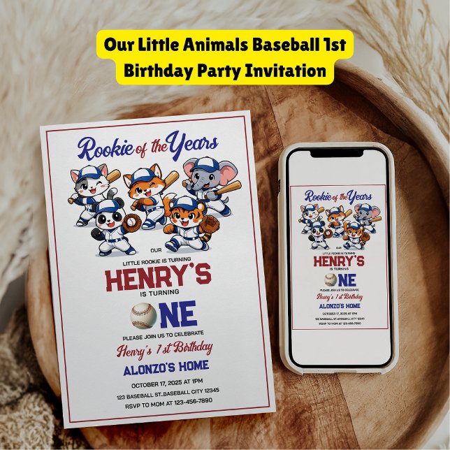 Convite Festa de 1º Aniversário de Beisebol Our Little Ani (Our Little Animals Baseball 1st Birthday Party Invitation
)