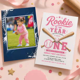 Convite Festa de 1º Aniversário de Menina de Beisebol Rosa