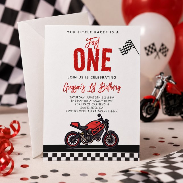 Convite Festa de 1º Aniversário de Moto de Corrida Fast On (Fast One Race Motorcycle 1st Birthday Party Invitation
)