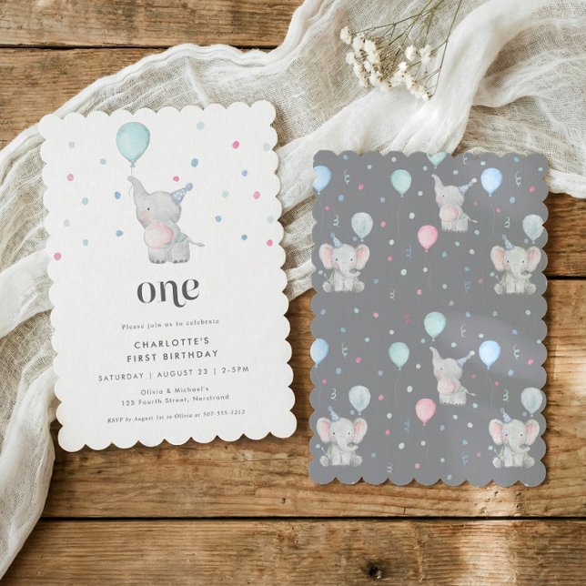 Convite Festa de 1º Aniversário de um Elefantezinho Fofo (Cute baby elephant first birthday party invitations for 1st birthdays)