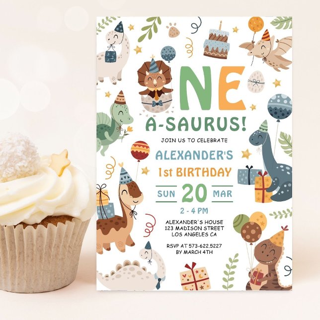 Convite Festa de 1º Aniversário do Menino Dinossauro Um-Au (Criador carregado)