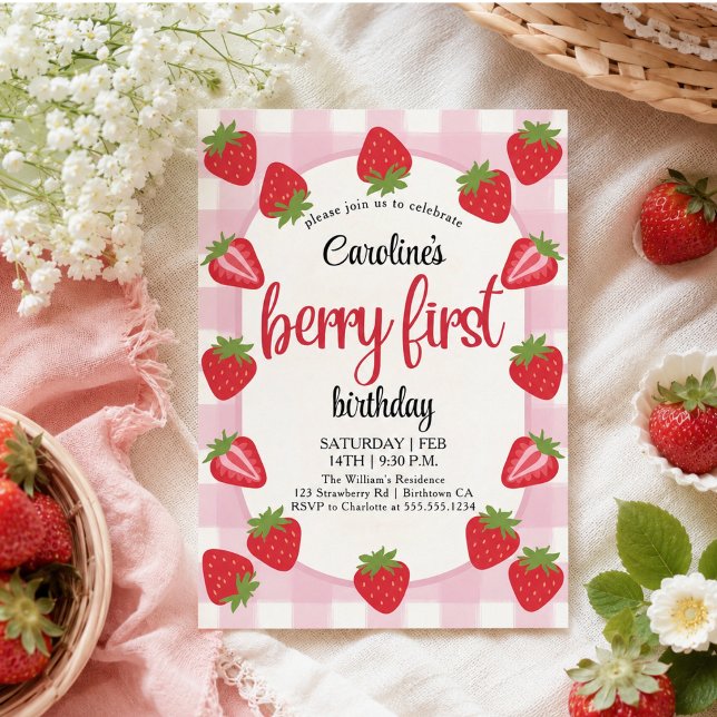 Convite Festa de 1º Aniversário do Morango (Strawberry 1st Birthday Party Berry Invitation)