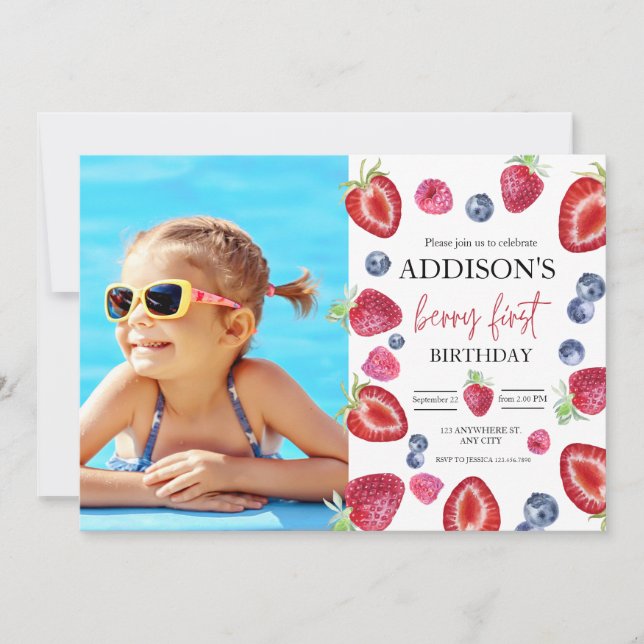 Convite Festa de 1º Aniversário do Morango Foto Berry Prim (Frente)