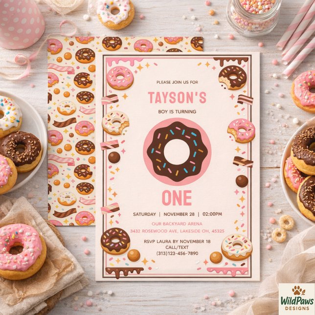 Convite Festa de 1º Aniversário do Sweet One Donut | Donut (Sweet One Donut 1st Birthday Party | Cute Donut Invitation
)
