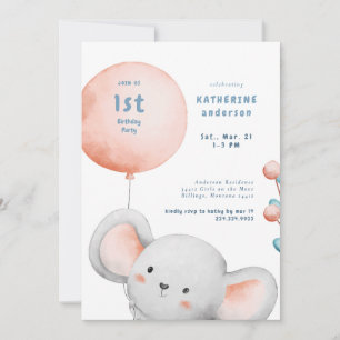Convite Festa de 1º Aniversário Little Mouse Blush & Blue