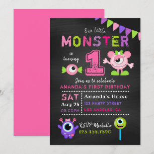 Convite Festa de 1º Aniversário Menina Monstrinho Quadro N