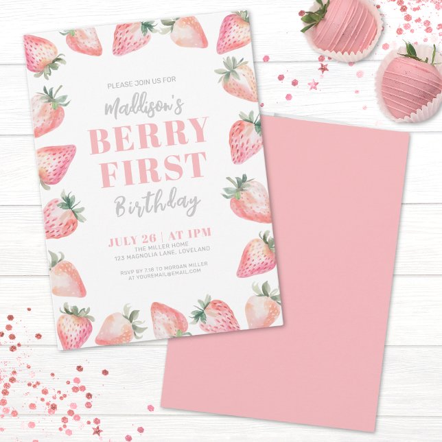 Convite Festa de 1º Aniversário Morango Berry (Strawberry Berry Sweet Baby Shower Invitation)