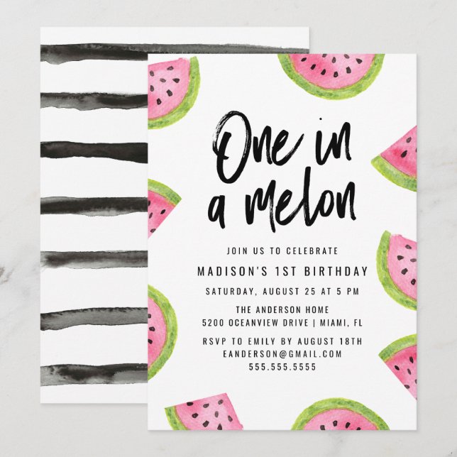 Convite Festa de 1º Aniversário One in a Melon (Frente/Verso)