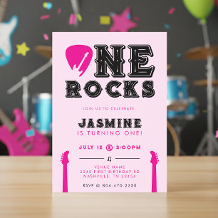 Convite Festa de 1º Aniversário One Rocks Guitar Pick Rosa