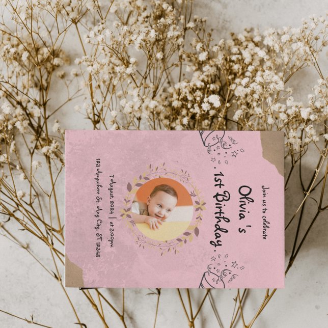 Convite Festa de 1º Aniversário Rosa Elegante Fofa (Pink Elegant Cute 1st Birthday Party Invitation
)