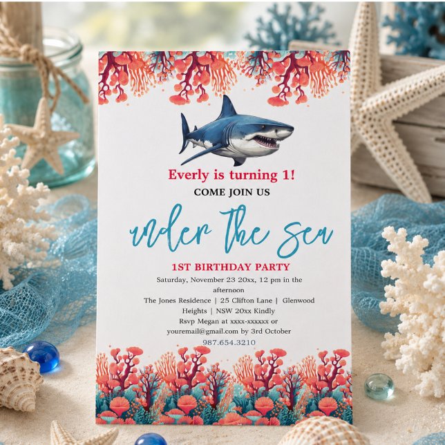 Convite Festa de 1º Aniversário Sob o Mar (Under the Sea 1st Birthday Party Invitation)
