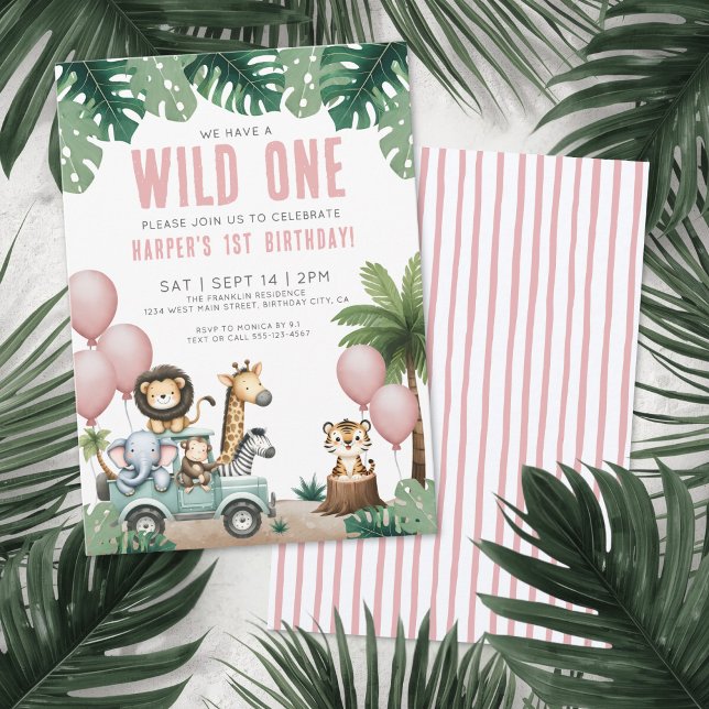 Convite Festa de 1º Aniversário Wild One Jungle Safari (Wild One Jungle Safari 1st Birthday Party Invitation)