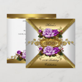 Convite Festa de 100º Aniversário Elegantes Rosas Roxo Dou