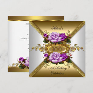 Convite Festa de 100º Aniversário Elegantes Rosas Roxo Dou