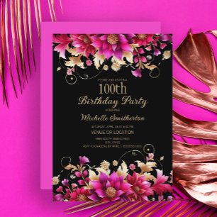 Convite Festa de 100 Anos Black Pink Gold Floral