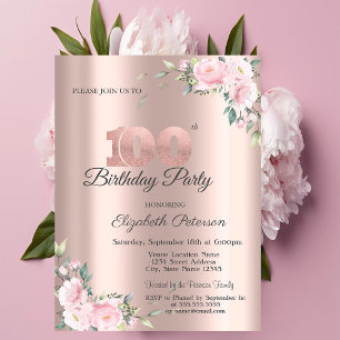 Convite Festa de 100 Anos Chic Rosa Floral Dourado Rosa