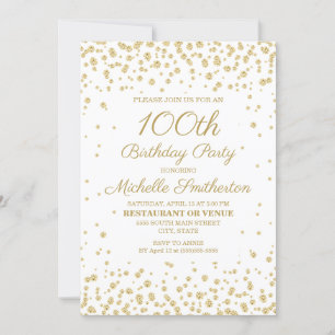 Convite Festa de 100 anos com Brilho Dourado Branco