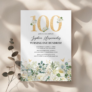 Convite Festa de 100 Anos de Floral Verde e Branco