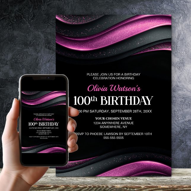 Convite Festa de 100 Anos Moderna Preta e Rosa (Criador carregado)