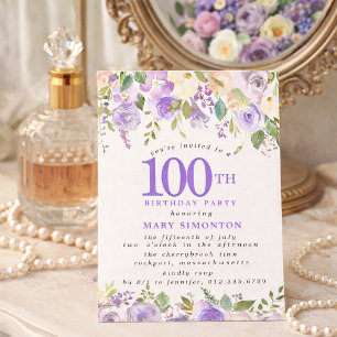 Convite Festa de 100 Anos PETITE Floral de Rosa Roxa