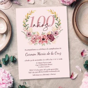 Convite Festa de 100 Anos Rosa Espanhol Floral Elegante