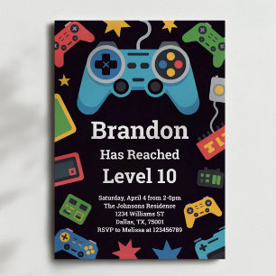 Convite Festa de 10 anos do garoto gamer Level Up Boys