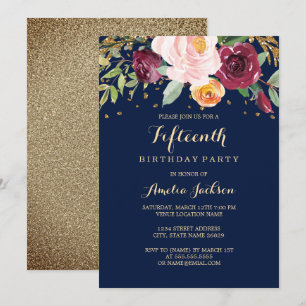 Convite Festa de 15 anos Floral Glitter Burgundy Navy