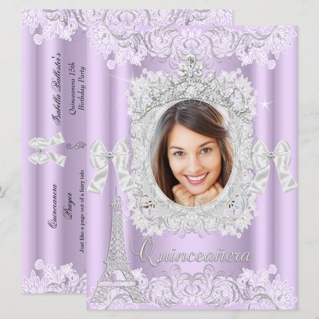 Convite Festa de 15 Anos Princesa Lilás com Renda Foto Gra (Frente/Verso)