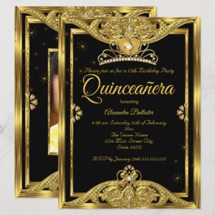 Convite Festa de 15 Anos Quinceanera Foto Dourado Preto