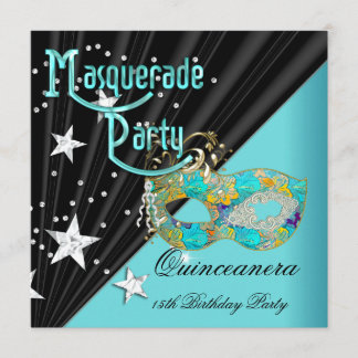 Convite Festa de 15 anos Quinceanera Máscara Azul Dourado
