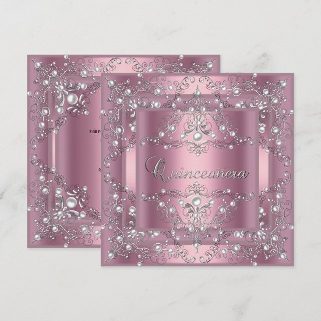 Convite Festa de 15 anos Quinceanera Pérola Rosa (Frente/Verso)