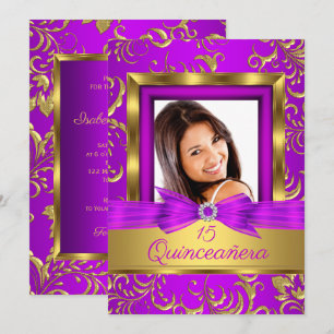 Convite Festa de 15 anos Quinceanera Rosa Roxo Dourado Dam