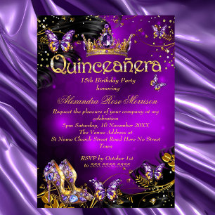 Convite Festa de 15 anos Quinceanera roxo Borboleta preta 