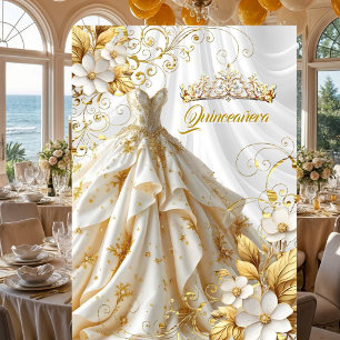 Convite Festa de 15 Anos Quinceanera Vestido Dourado Branc